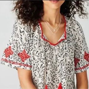 J Jill boho leaf print embroidered tassel tie relaxed fit short sleeve b…